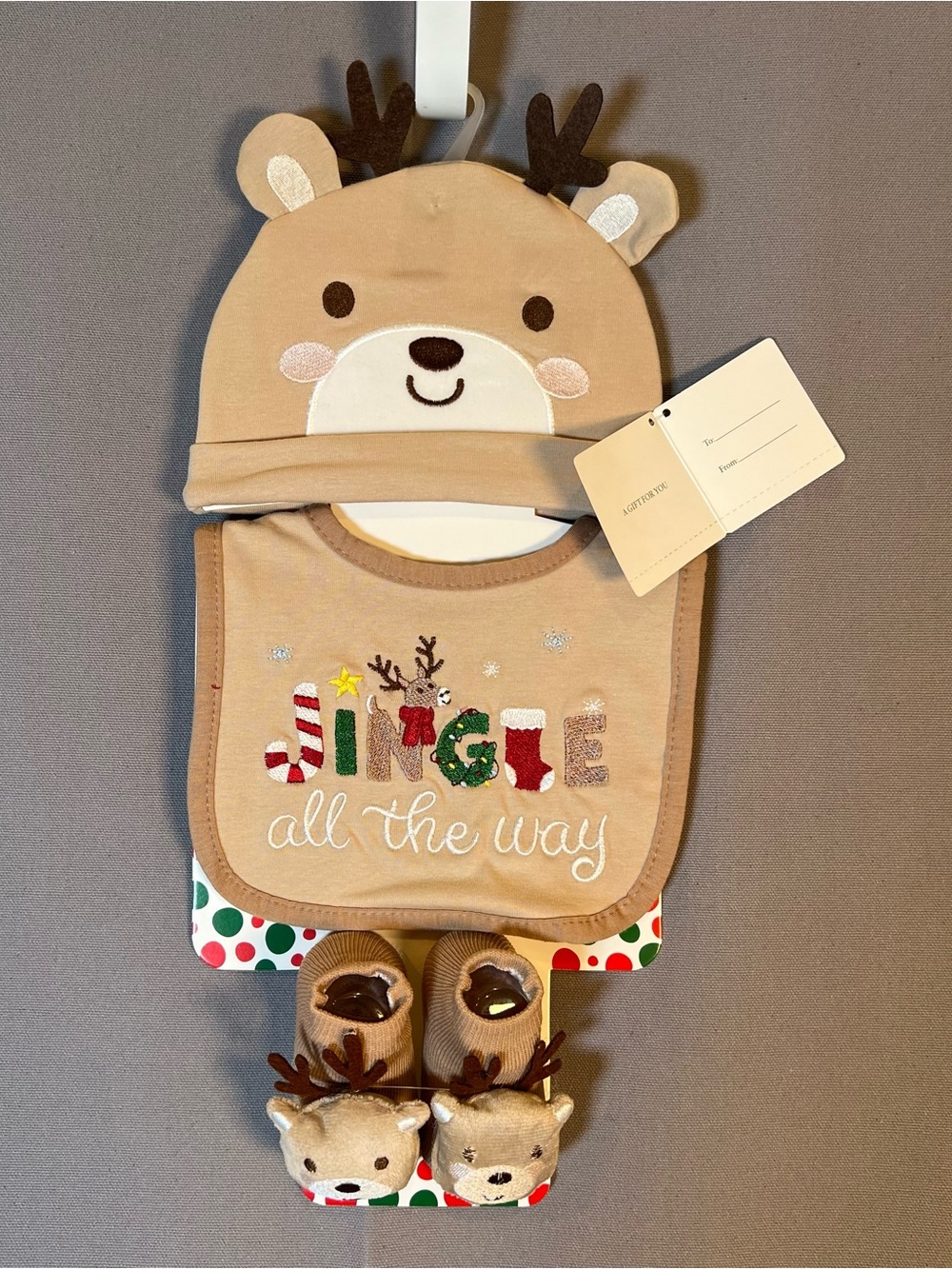 Beige Reindeer Baby Hat, Bib & Booties Set - Jingle All The Way Baby shower Gift